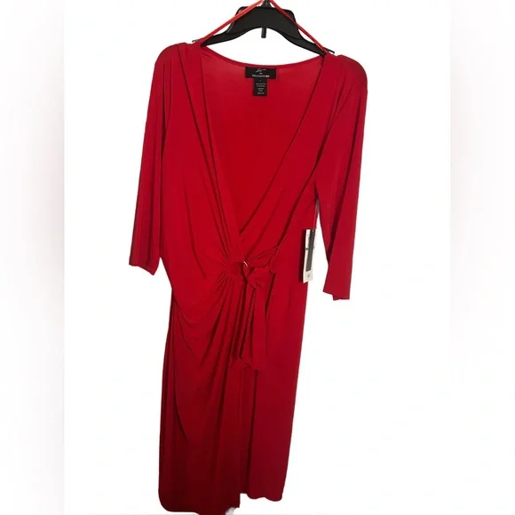 Lemmi for Nina Leonard NWT RED Poly/Spandex Size Lrg Wrap Dress Gold Bel… - Picture 10 of 12